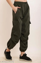 Solid polyester women's cargo trousers from India, perfect for casual wear